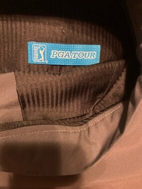 PGA TOUR gray pin stripe shorts with Bright Blue Logo Patch